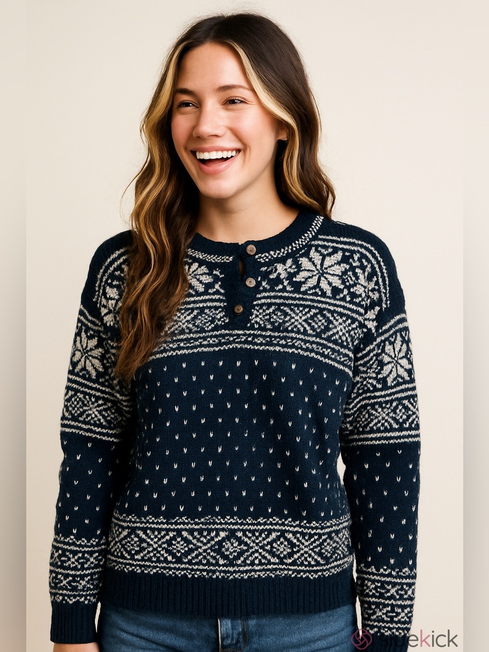 Women's Vintage L.L. Bean Fair Isle Nordic Crewneck Sweater Blue White Size M